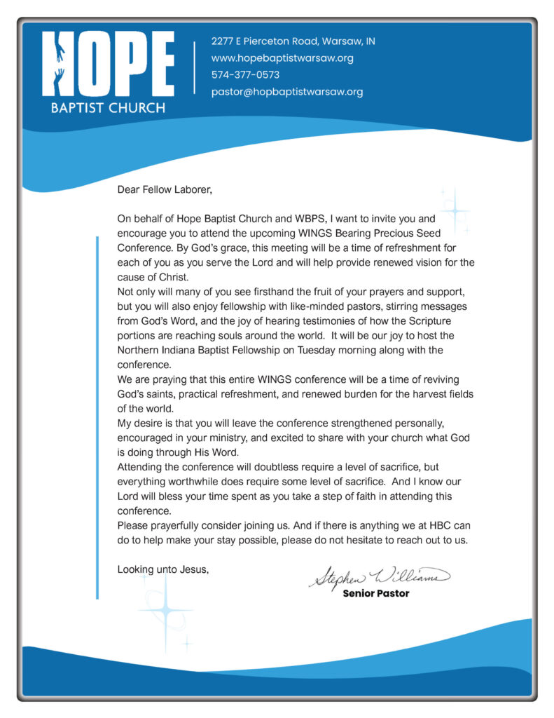 Hope Baptist Church welcome letter for the Wings BPS Bible Conference